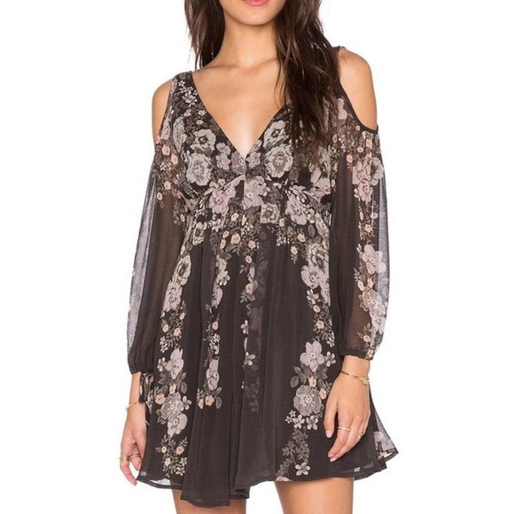 FREE PEOPLE Penny Lover Mini Dress Floral Cold Shoulder Grey Pink Black Sheer XS - Picture 11 of 11